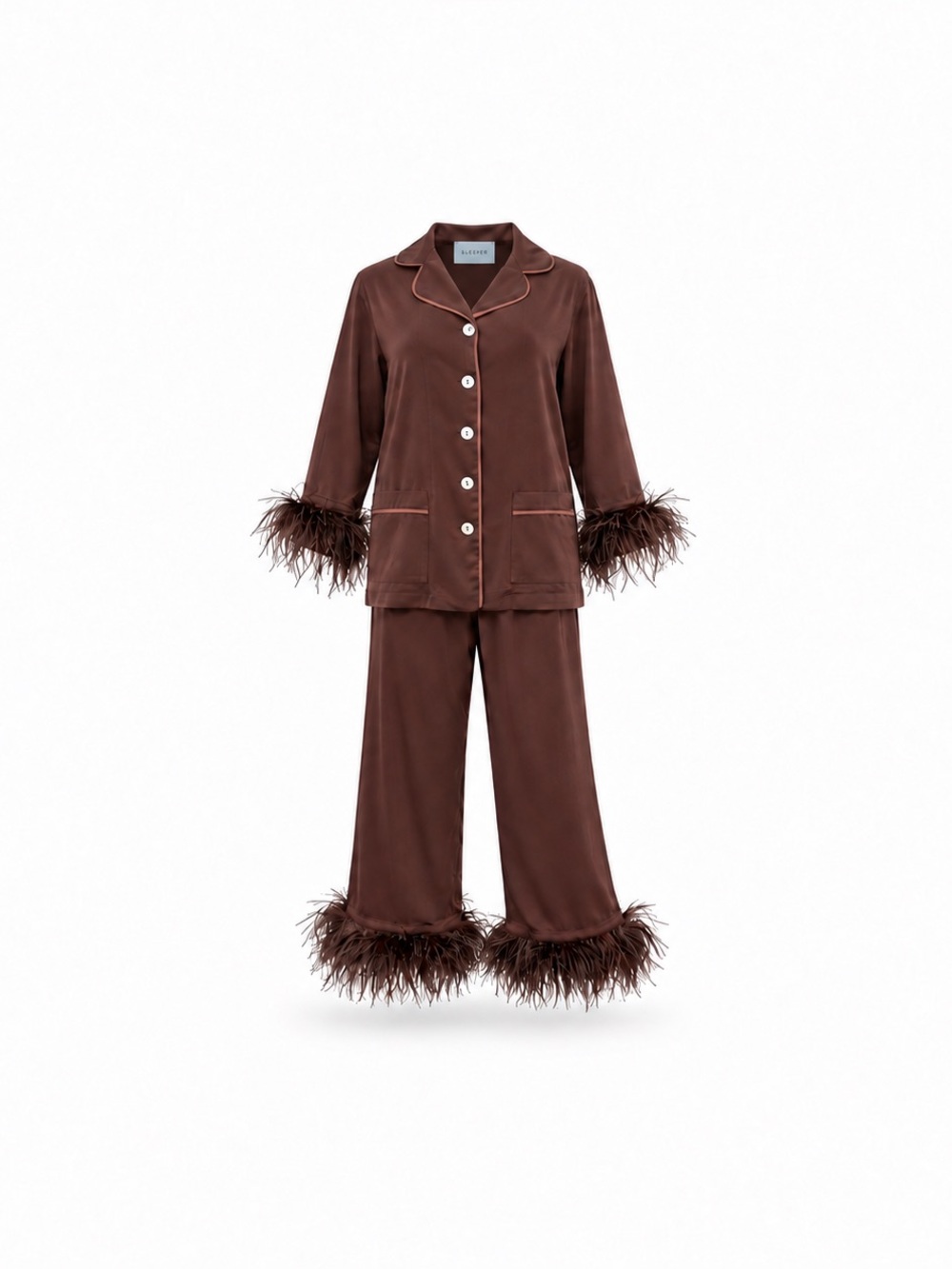 Luxury SLEEPER Brown Feather-Trim Pajama Set XS
